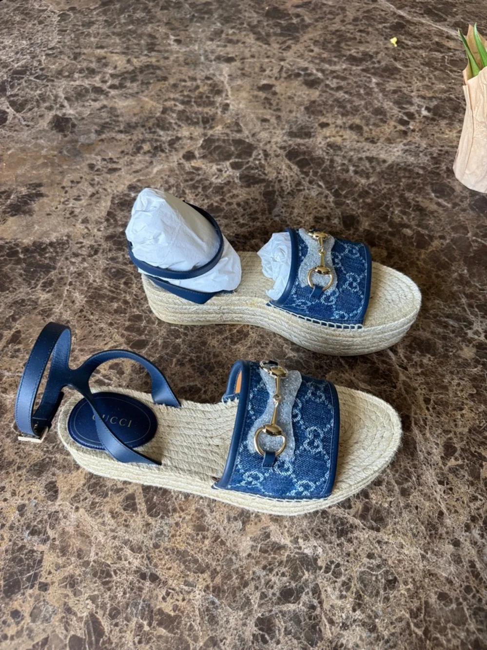 Gucci denim azure blue wedge logo espadrille sandal sz 39 - Picture 2 of 10
